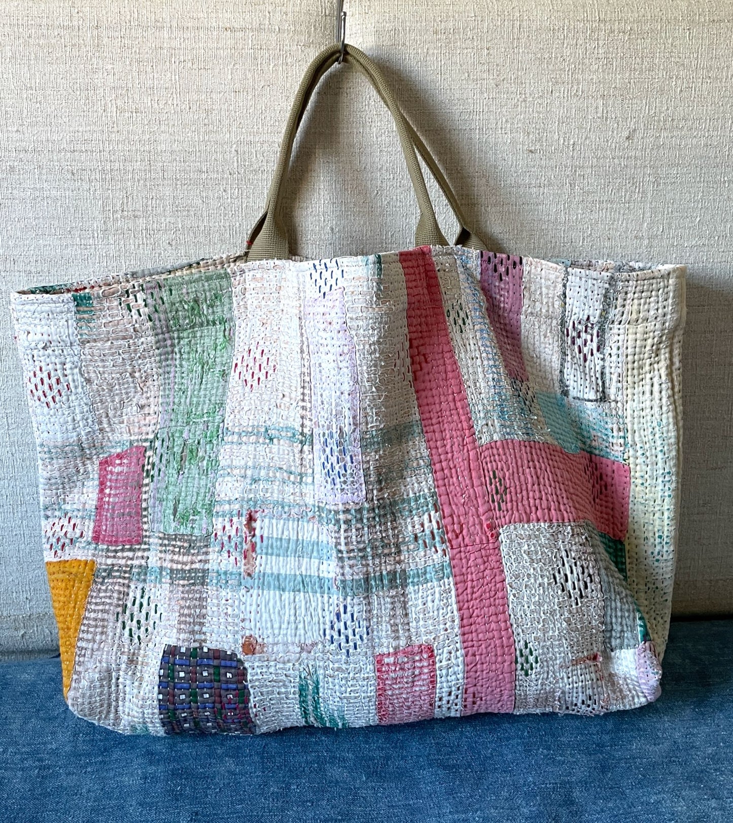 
                  
                    large weekend tote shopper beach bag patchwork kantha bag handmade pink white blue
                  
                