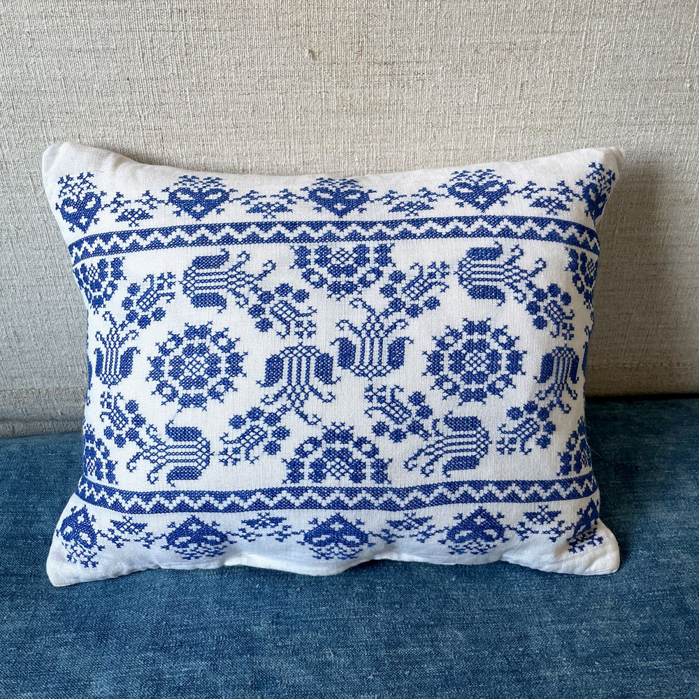 
                  
                    blue cross stitch pillow couch sofa cushion tulip pattern hand made white linen vintage 
                  
                