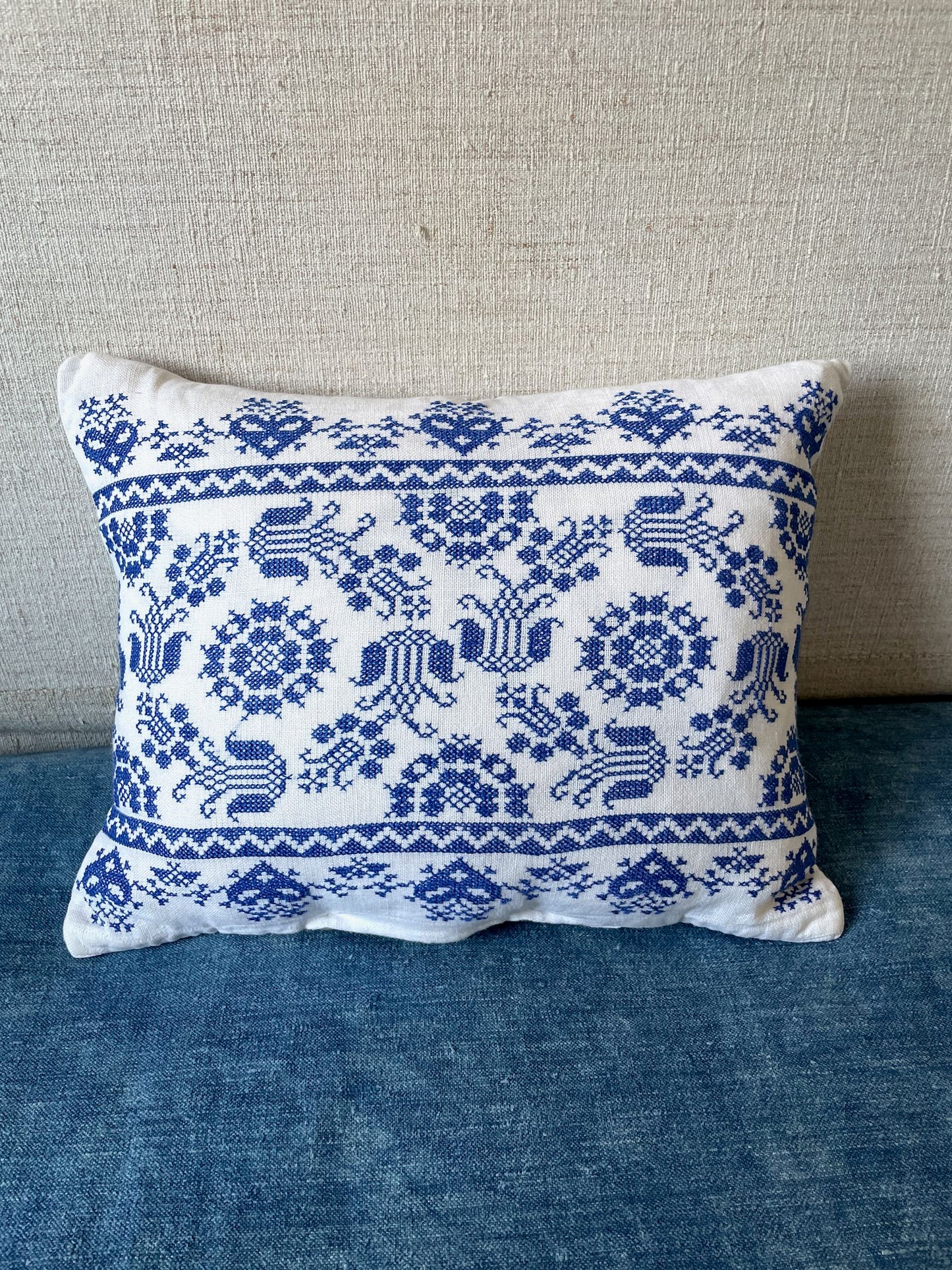 
                  
                    blue cross stitch pillow couch sofa cushion tulip pattern hand made white linen vintage 
                  
                