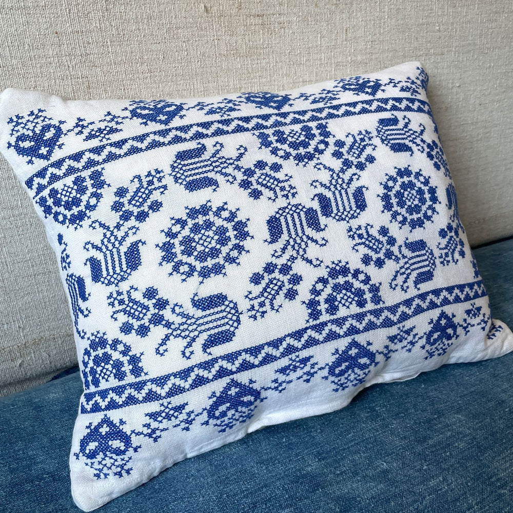 
                  
                    blue cross stitch pillow couch sofa cushion tulip pattern hand made white linen vintage 
                  
                