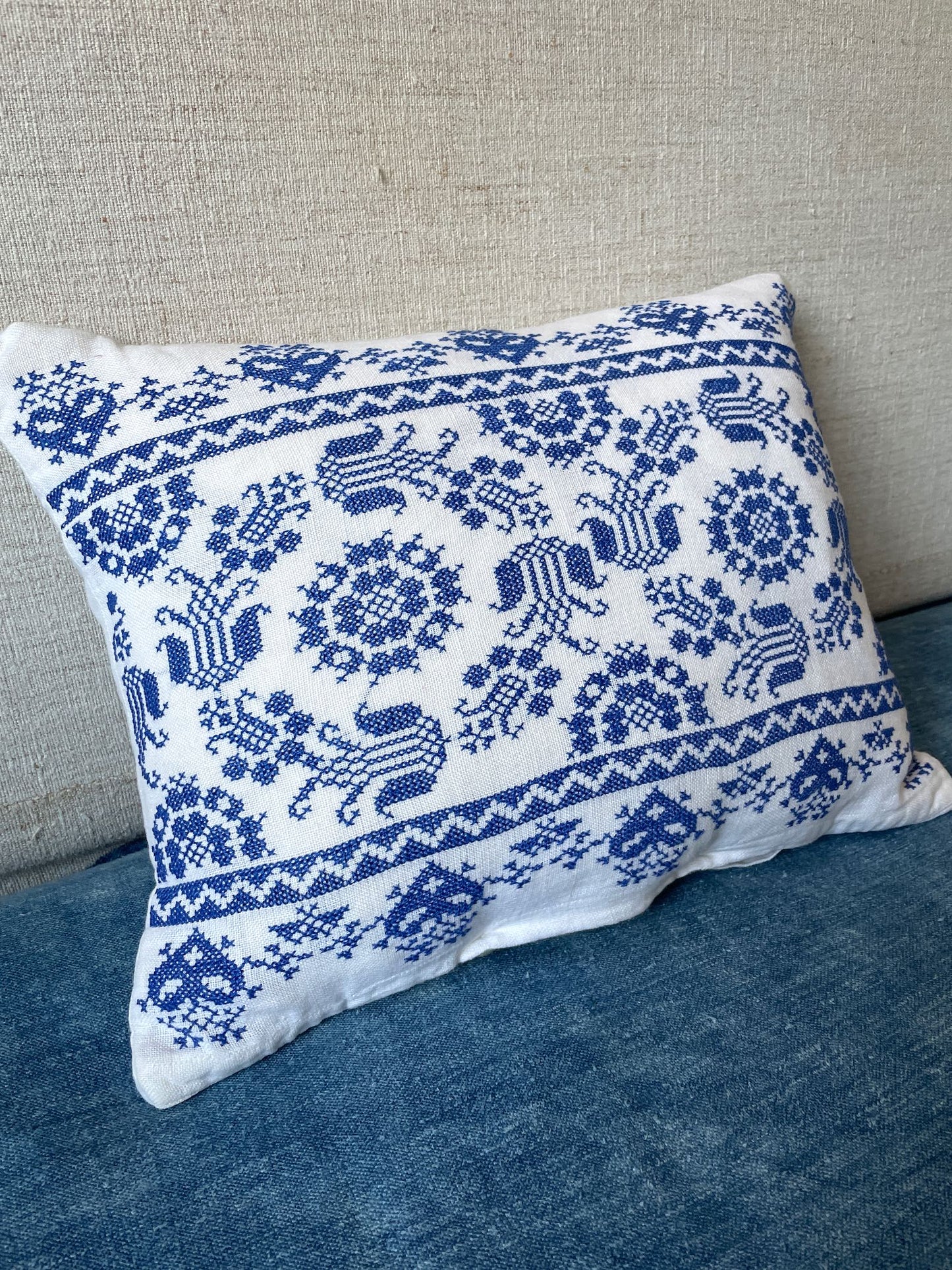 
                  
                    blue cross stitch pillow couch sofa cushion tulip pattern hand made white linen vintage 
                  
                