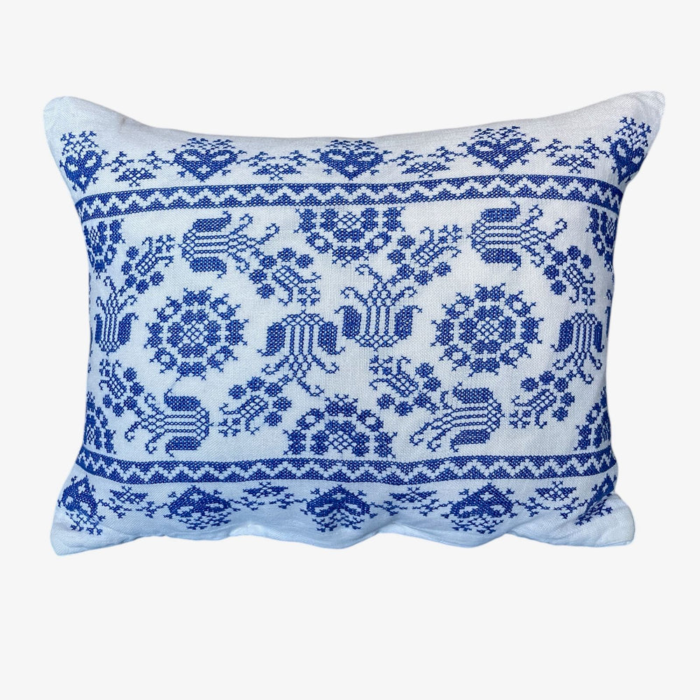 
                  
                    blue cross stitch pillow couch sofa cushion tulip pattern hand made white linen vintage 
                  
                