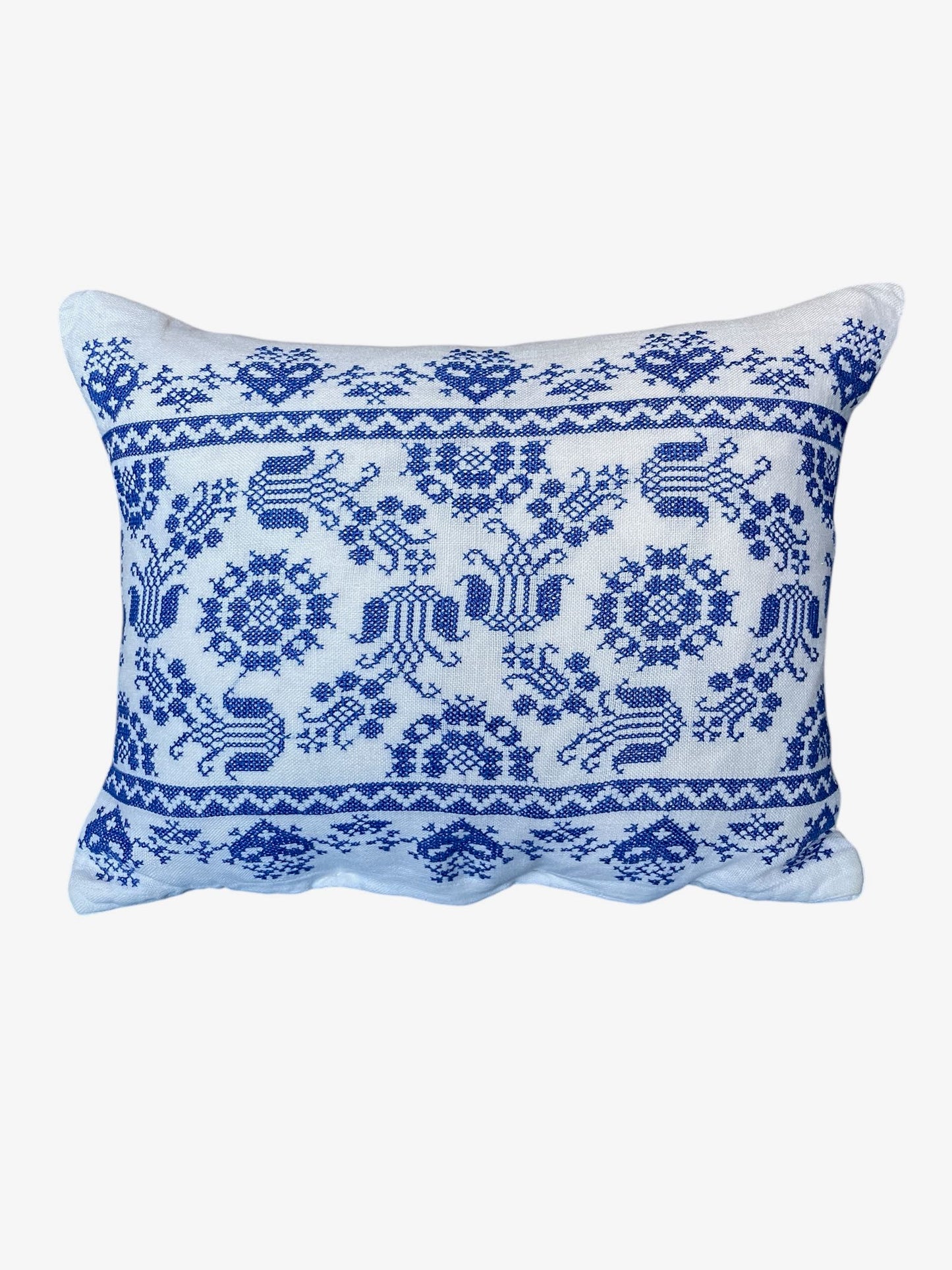 
                  
                    blue cross stitch pillow couch sofa cushion tulip pattern hand made white linen vintage 
                  
                