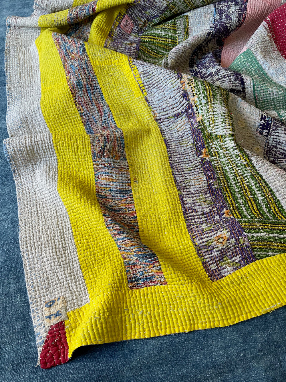 acid yellow pink green striped patchwork kantha quilt cotton comforter sofa throw cotton washable
