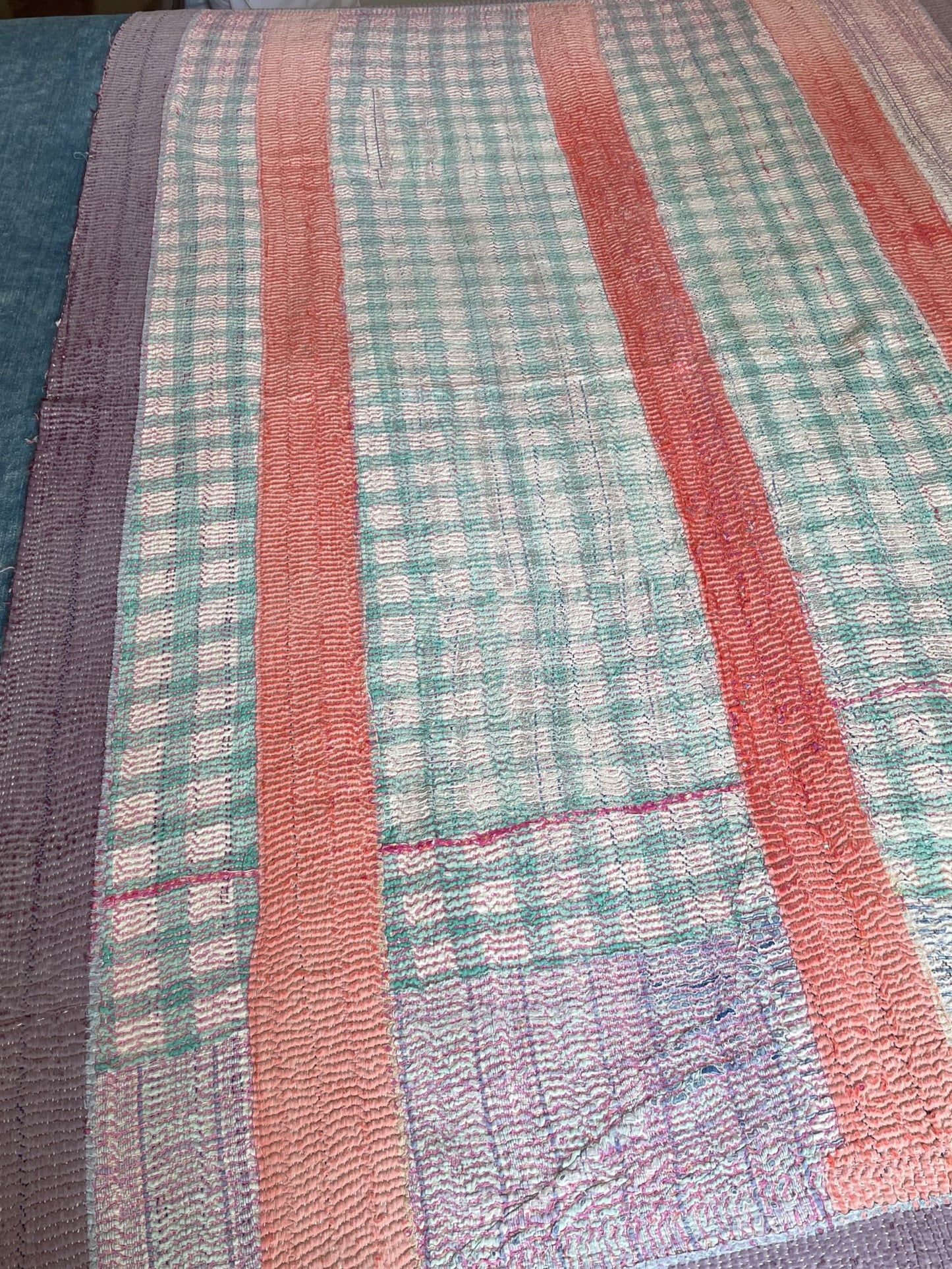 
                  
                    striped patch work kantha quilt coral orange blue green checked bedspread sofa throw single
                  
                