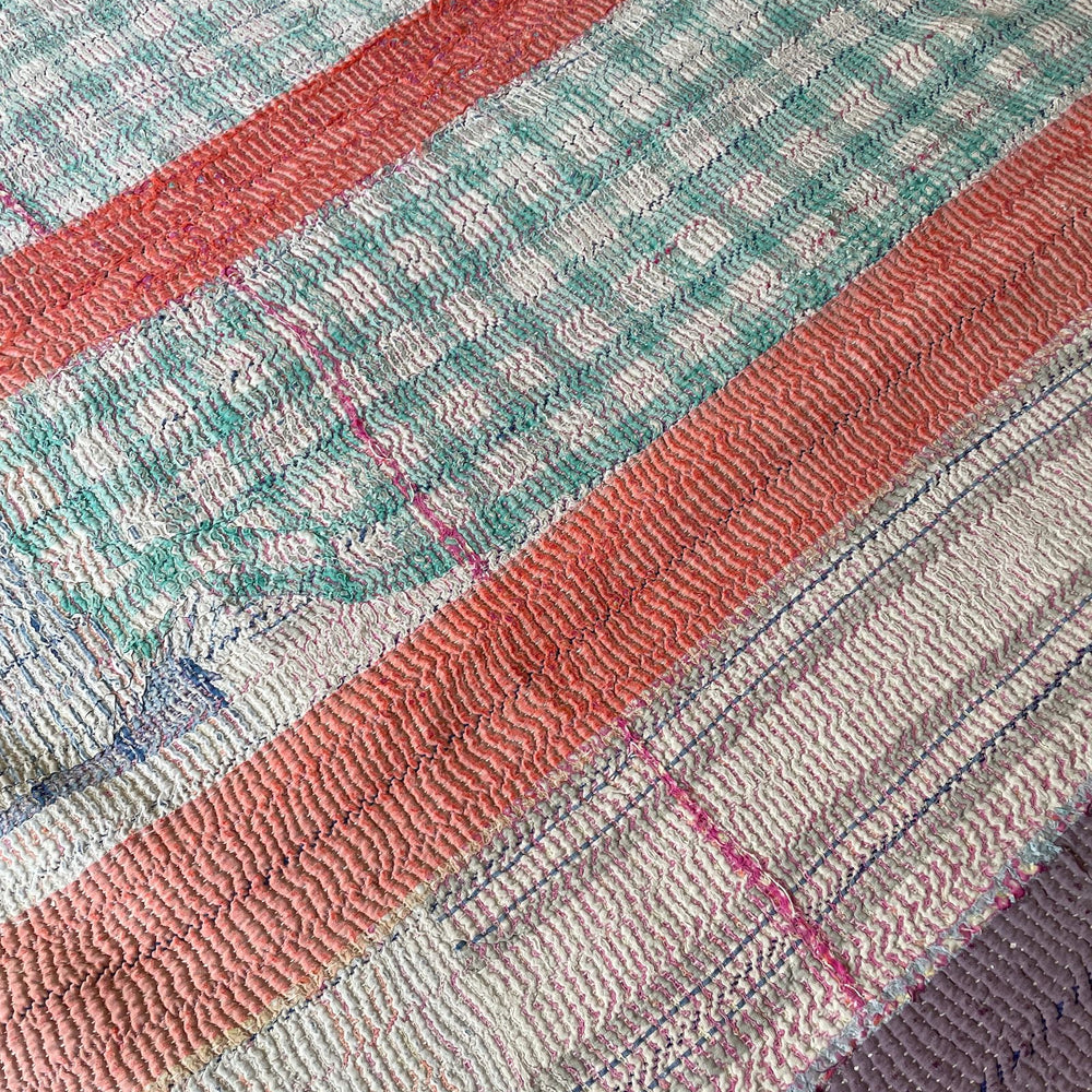 
                  
                    striped patch work kantha quilt coral orange blue green checked bedspread sofa throw single
                  
                