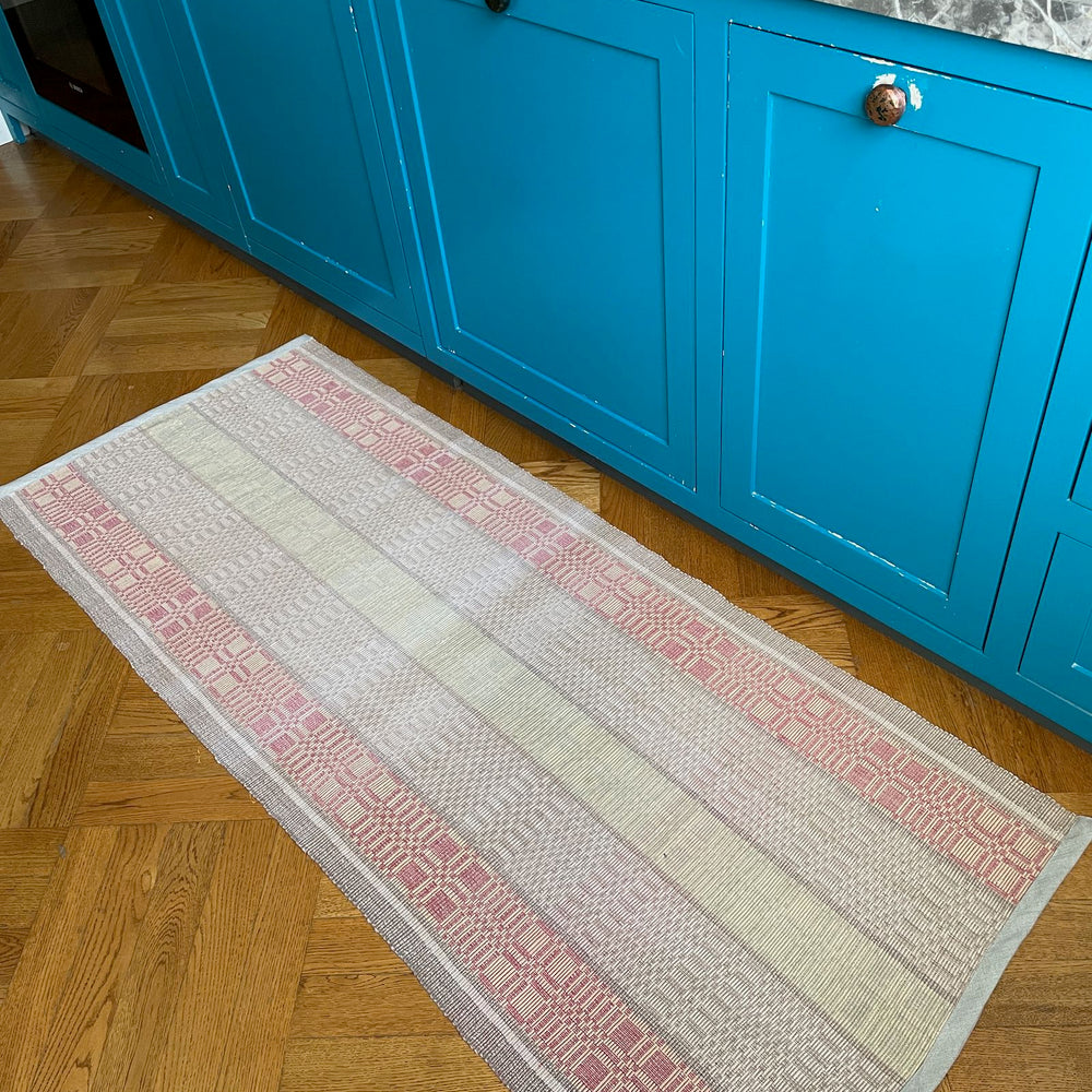
                  
                    pale beige coral yellow red floor runner rips rug vintage cotton rag hungarian carpet washable
                  
                