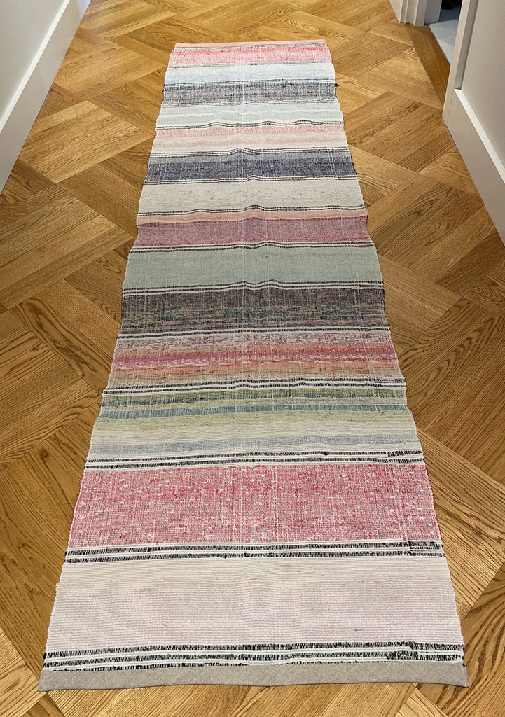 pale pink stripe rag rug vintage hungarian floor runner entry way carpet machine washable cotton