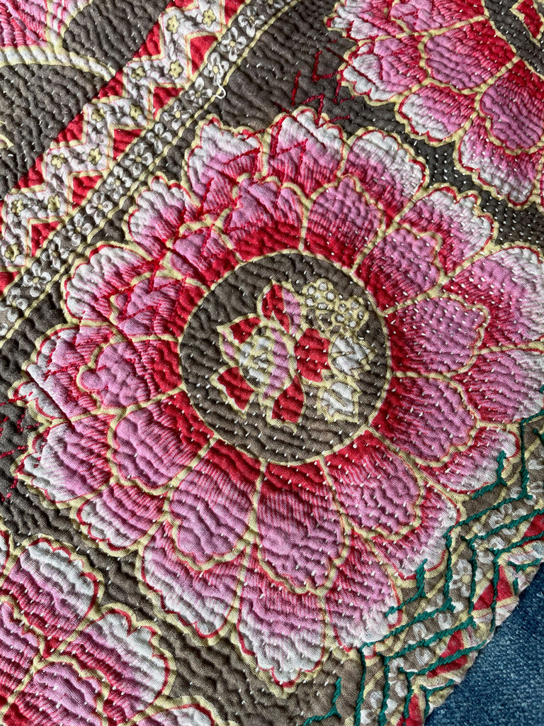 pink roses vintage embroidered kantha quilt sofa throw soft cotton machine washable bedspread