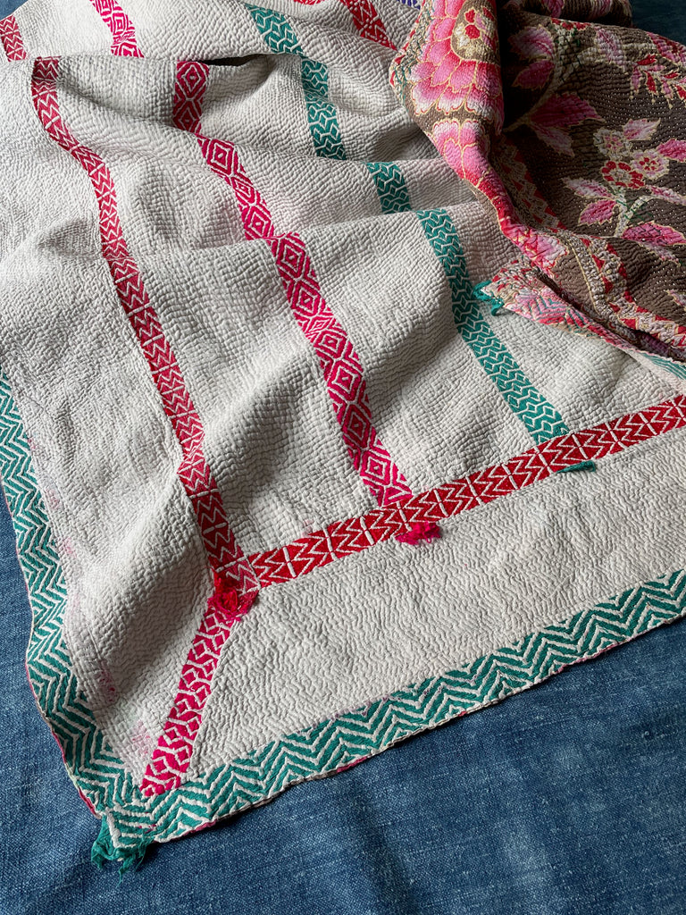 white vintage embroidered kantha quilt sofa throw soft cotton machine washable bedspread