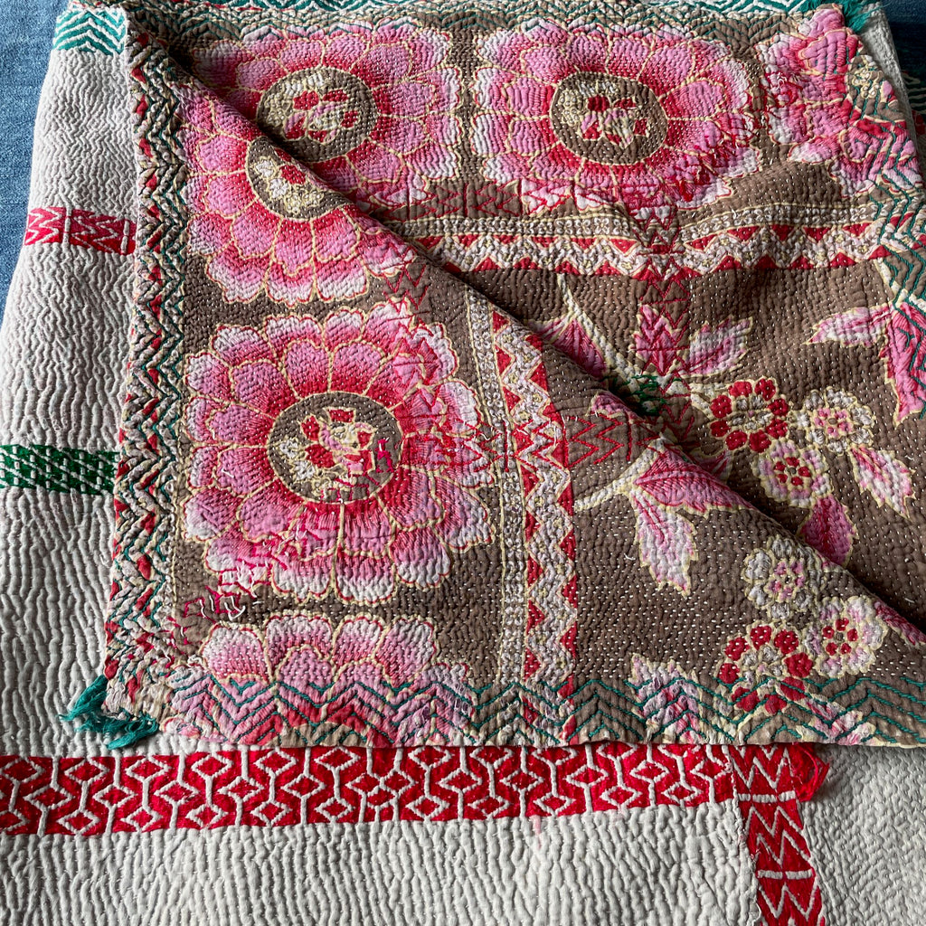 pink roses vintage embroidered kantha quilt sofa throw soft cotton machine washable bedspread