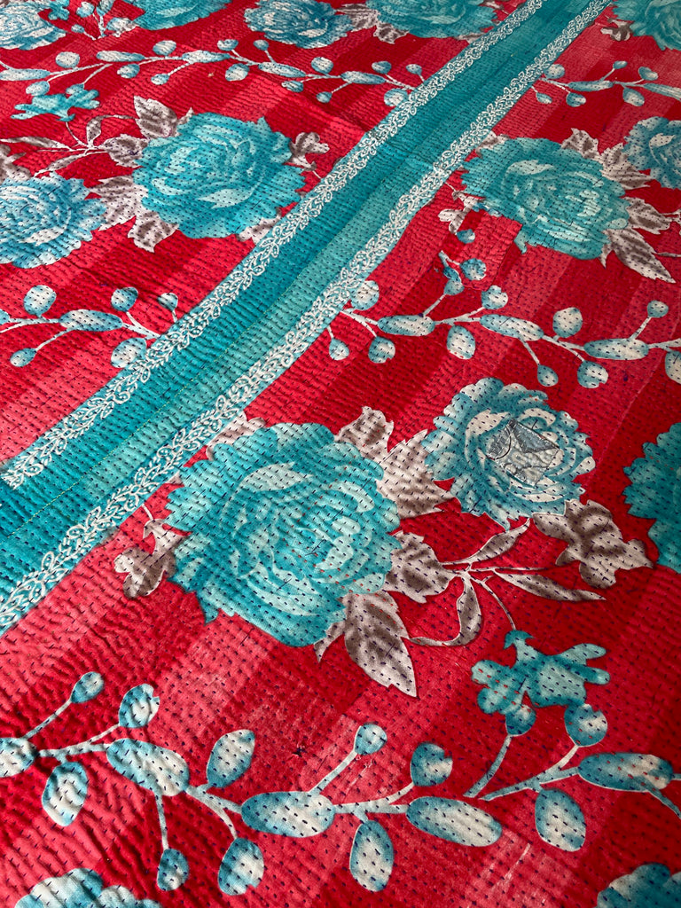 red and turquoise vintage kantha quilt cotton bedspread hand made machine washable large