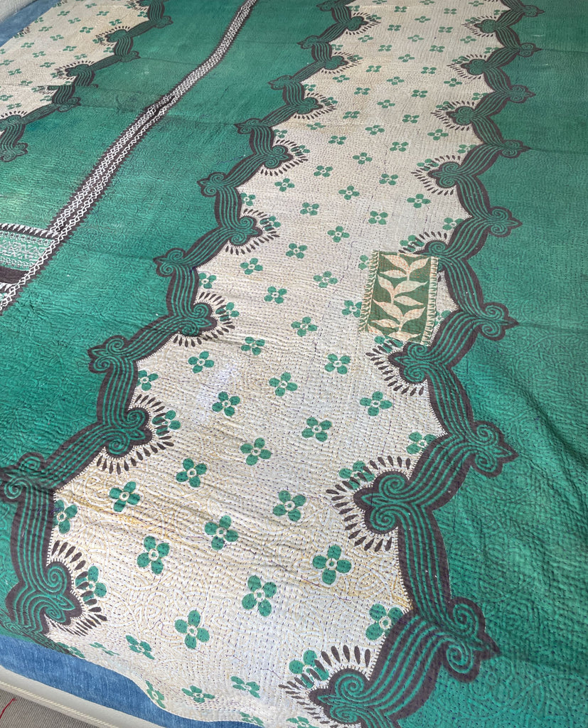 green patterned vintage kantha quilt cotton bedspread hand made machine washable large