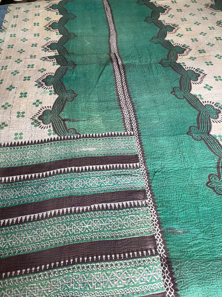 green patterned vintage kantha quilt cotton bedspread hand made machine washable large