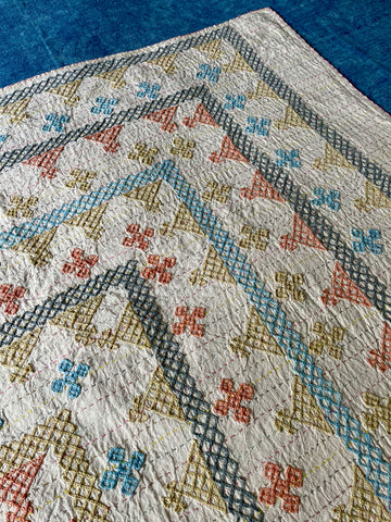 large embroidered ralli kantha quilt in pastel colours. machine washable bedspread handmade