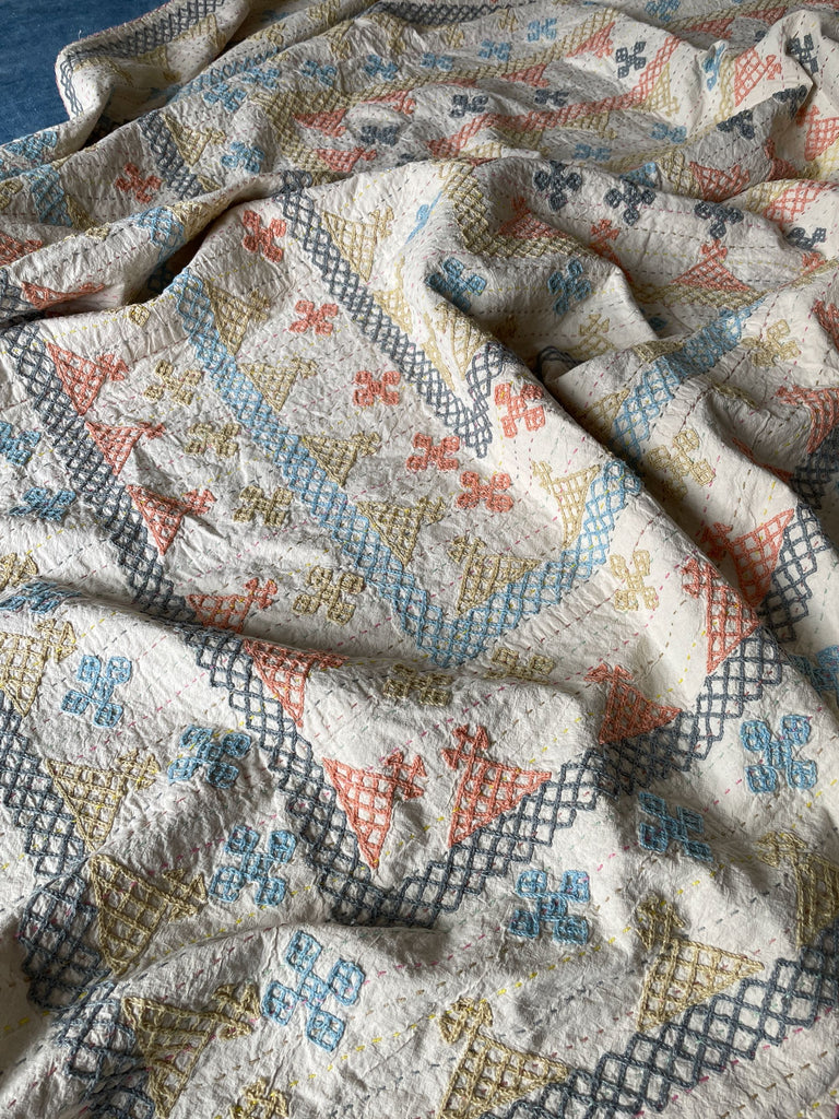 large embroidered ralli kantha quilt in pastel colours. machine washable bedspread handmade