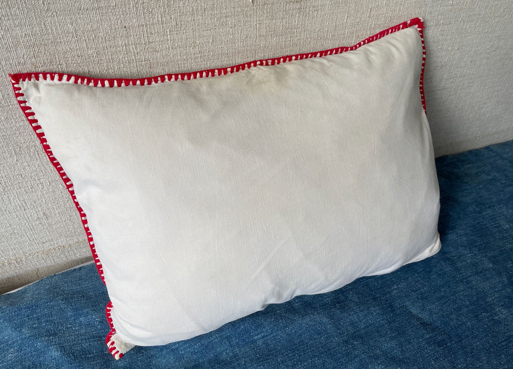 hand embroidered irasos cushion vintage folk textile pillow in raspberry red on cream linen 