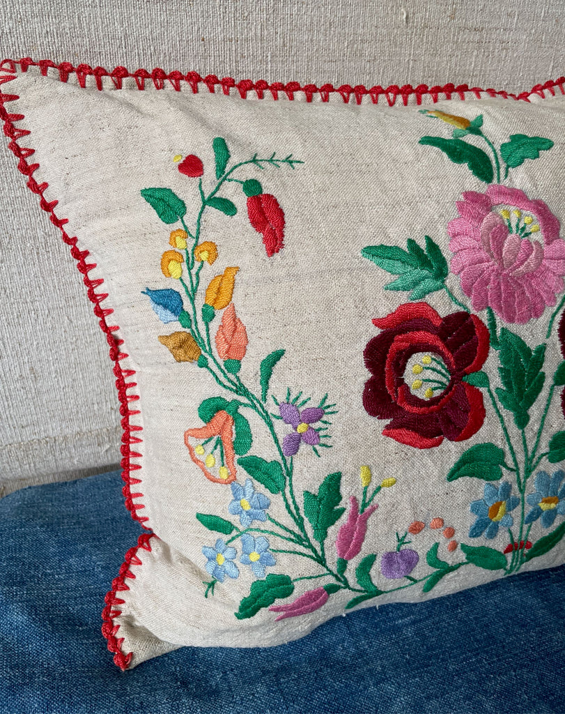 vintage embroidered floral cushion from Hungary with feather pad folk art textiles hand made