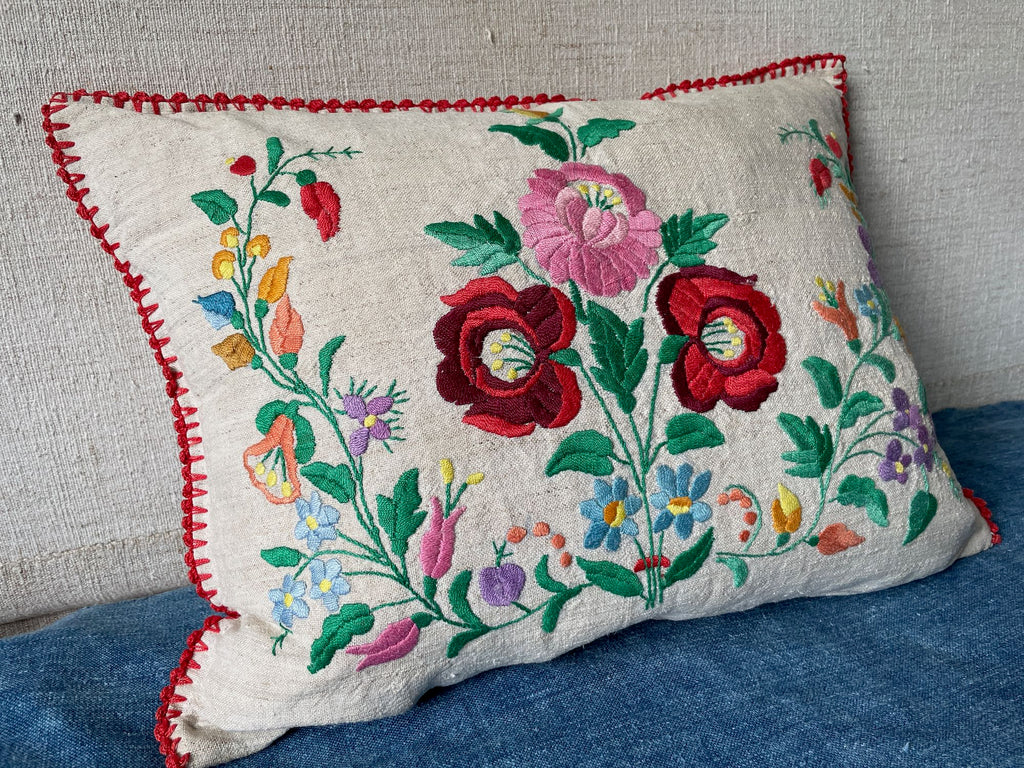 vintage embroidered floral cushion from Hungary with feather pad folk art textiles hand made