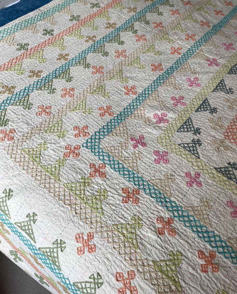 large embroidered bedspread cotton kantha quilt in pastel colours geometric pattern washable