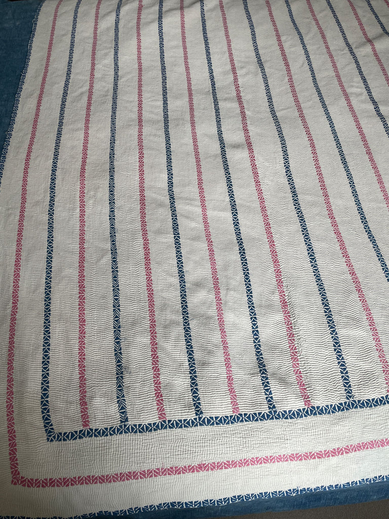 white kantha quilt with pale pink and blue embroidered stripes cotton bedspread sofa throw vintage