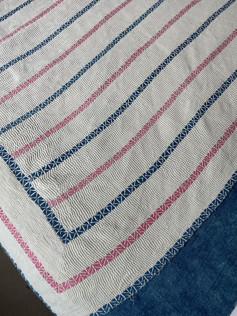white kantha quilt with pale pink and blue embroidered stripes cotton bedspread sofa throw vintage