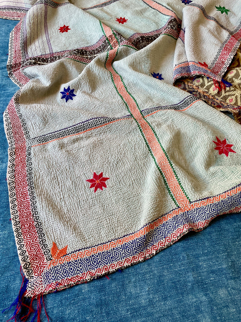 white vintage kantha bright embroidery in pink orange cotton bedspread handmade washable