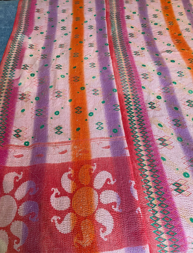 pink purple patterned kantha quilt sofa throw bright cotton comforter hand stitched washable