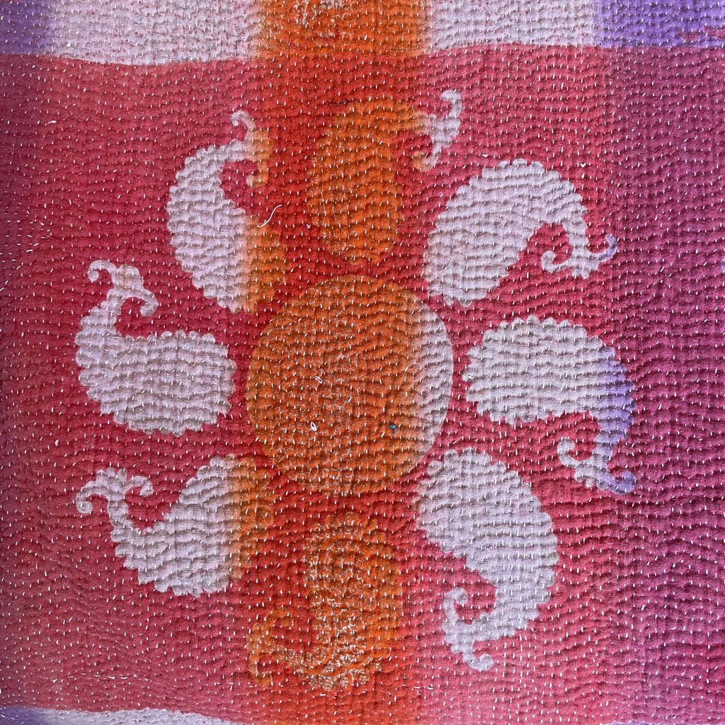 pink orange patterned kantha quilt sofa throw bright cotton comforter hand stitched washable