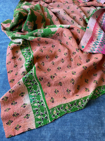 pink green patterned kantha quilt sofa throw bright cotton comforter hand stitched washable
