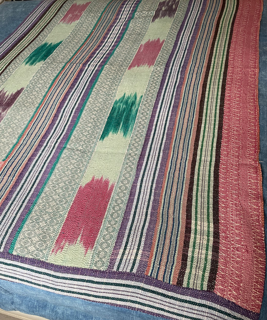 ikat striped patchwork kantha quilt sofa throw cotton comforter hand stitched single bedspread