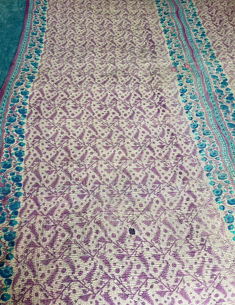lilac turquoise roses cotton vintage indian kantha quilt sofa throw cotton comforter washable