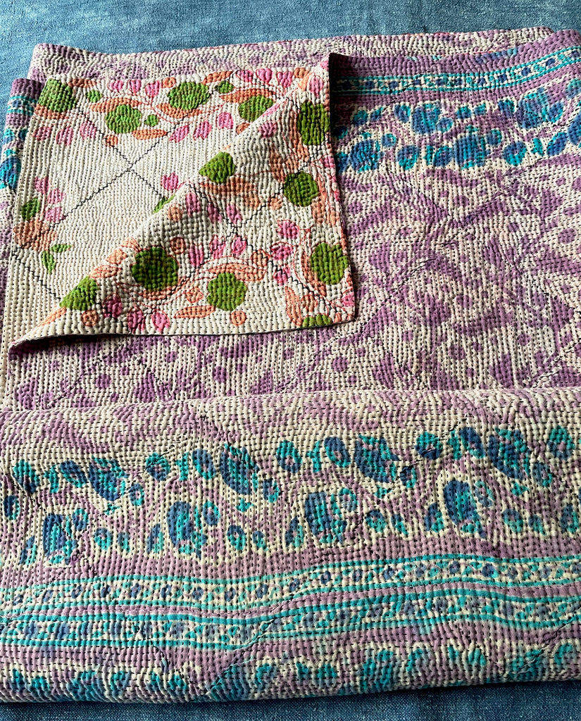 lilac turquoise roses cotton vintage indian kantha quilt sofa throw cotton comforter washable