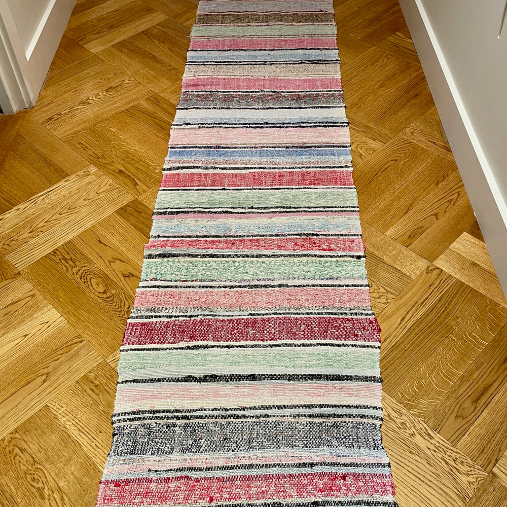 floor runner hall mat long rag rug striped bright colours pink green blue machine washable mat