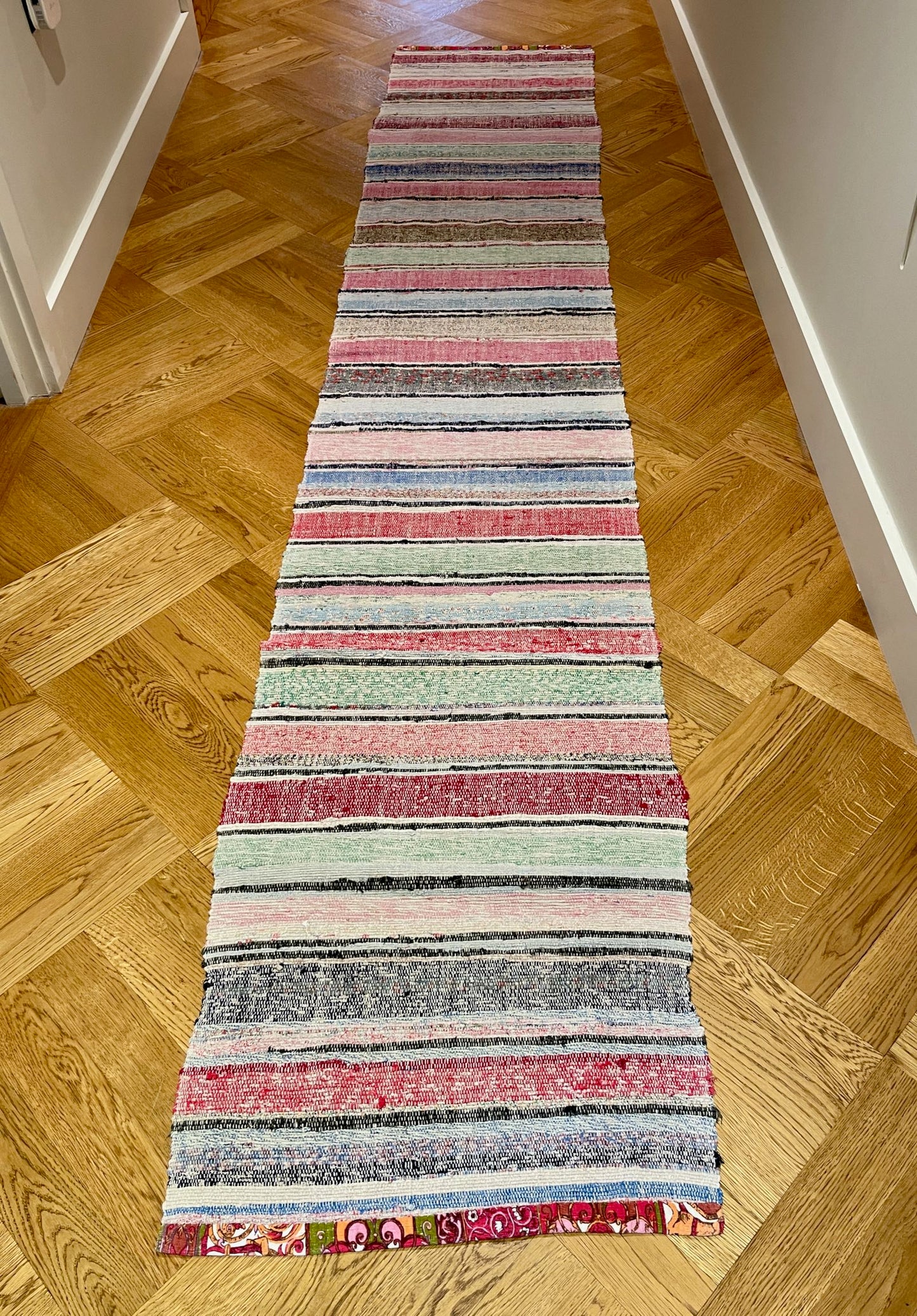 floor runner hall mat long rag rug striped bright colours pink green blue machine washable mat