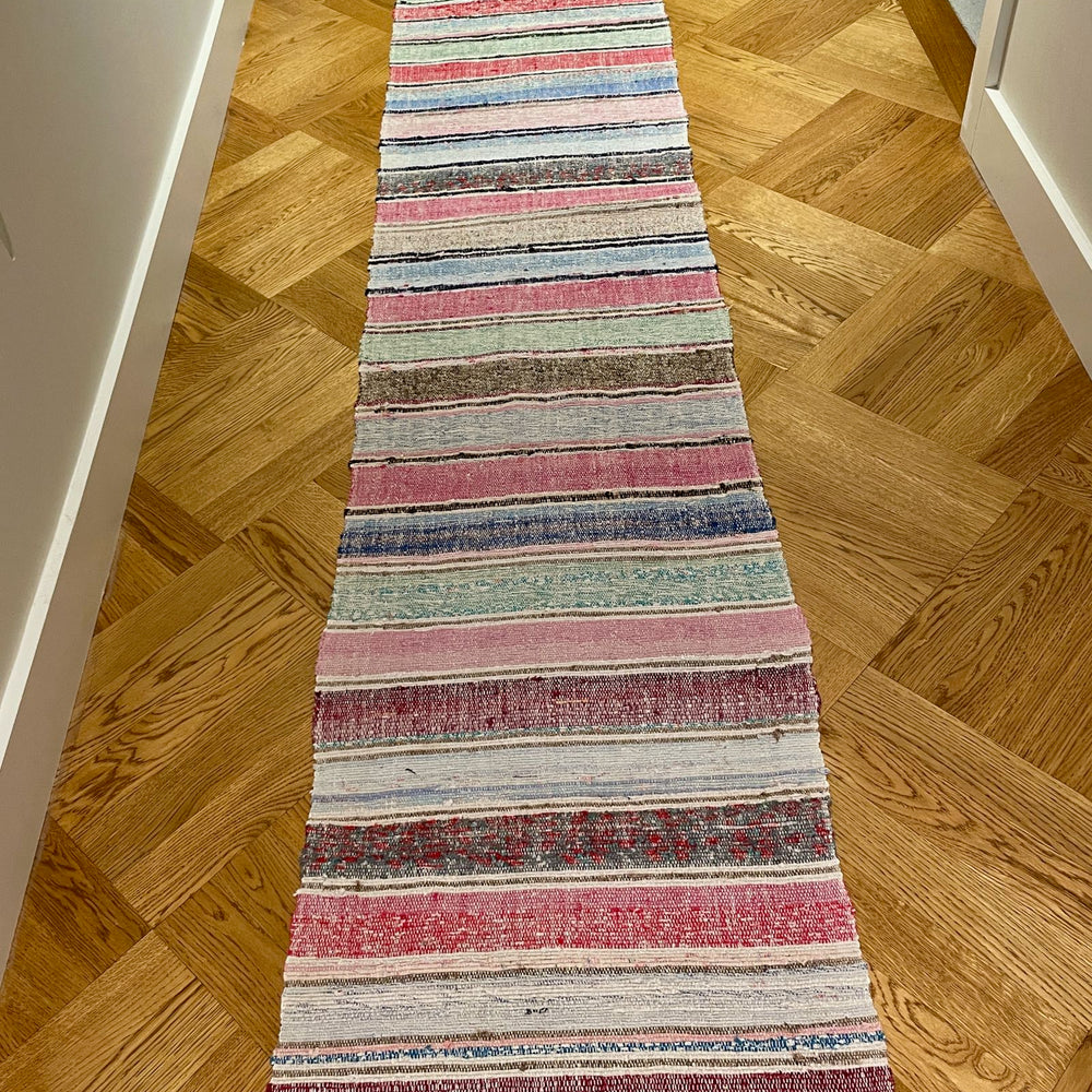 floor runner hall mat long rag rug striped bright colours pink green blue machine washable mat