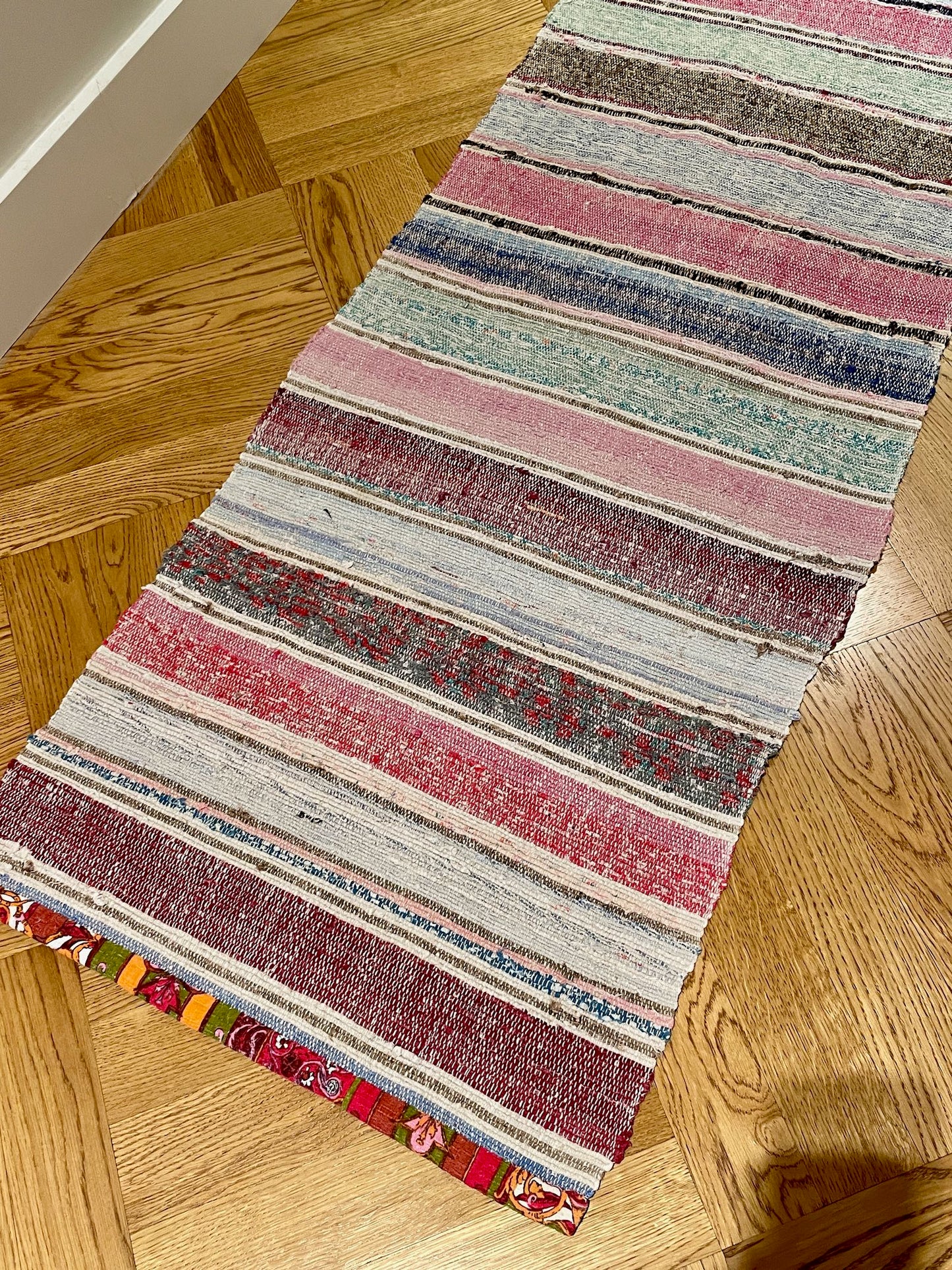 
                  
                    floor runner hall mat long rag rug striped bright colours pink green blue machine washable mat
                  
                