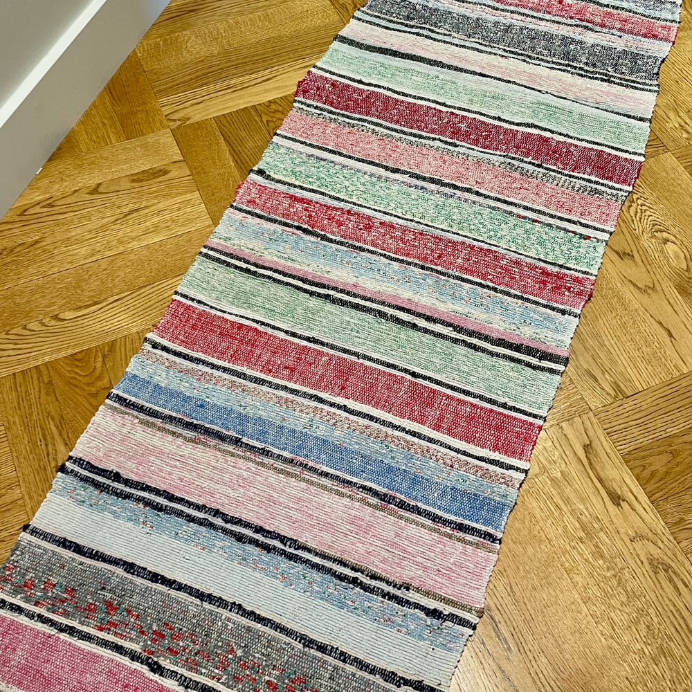 
                  
                    floor runner hall mat long rag rug striped bright colours pink green blue machine washable mat
                  
                