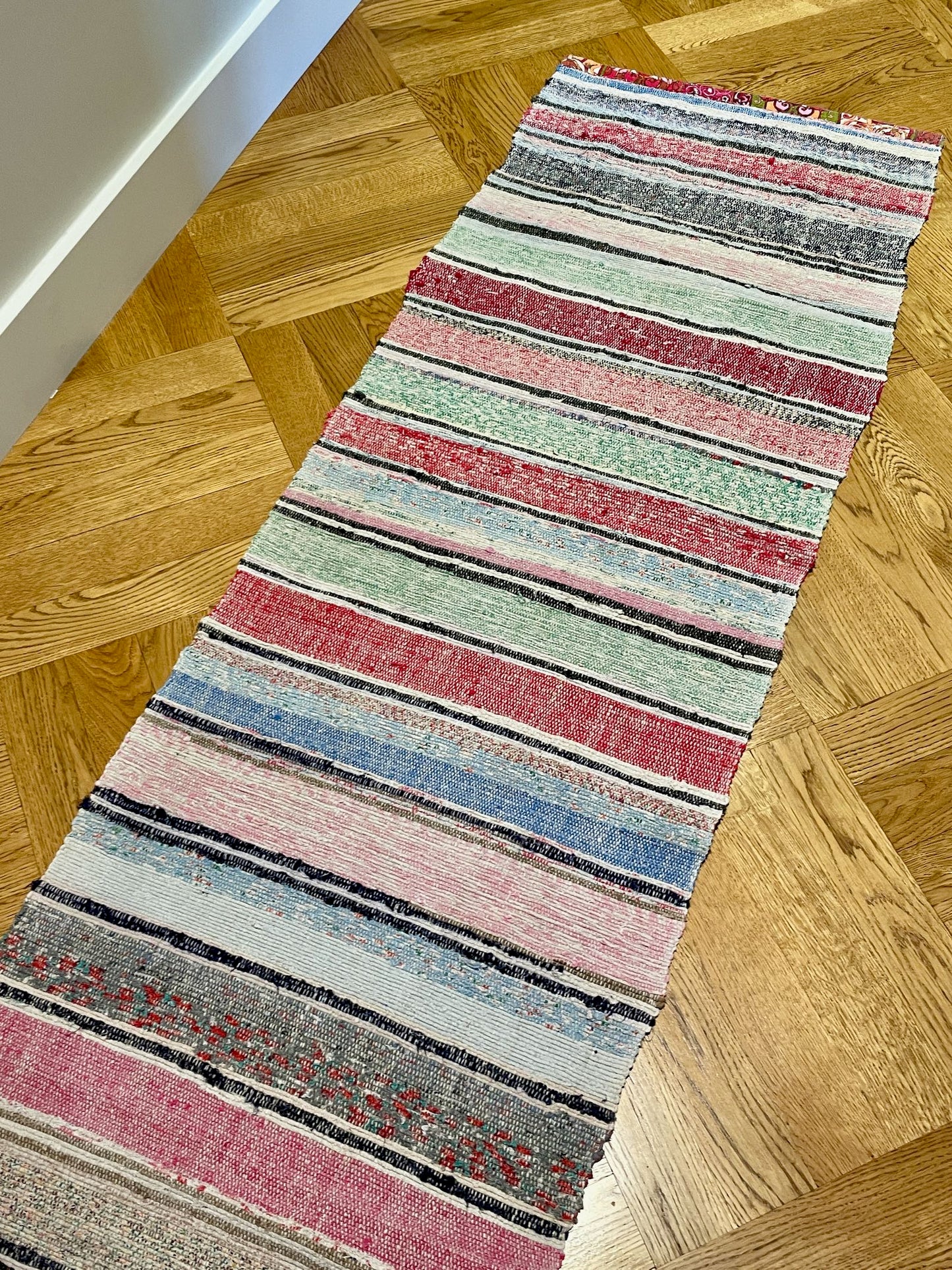 
                  
                    floor runner hall mat long rag rug striped bright colours pink green blue machine washable mat
                  
                