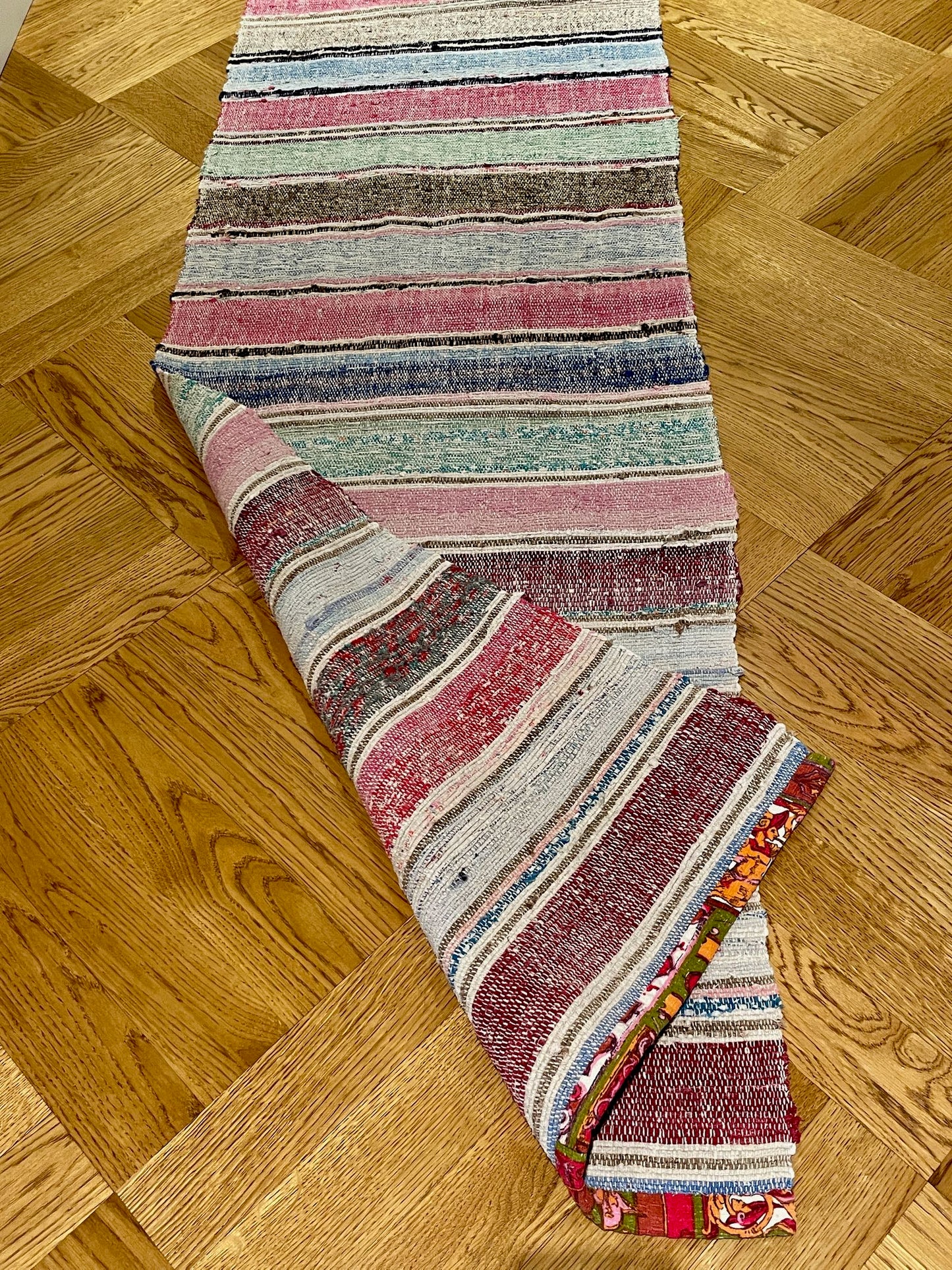 
                  
                    floor runner hall mat long rag rug striped bright colours pink green blue machine washable mat
                  
                
