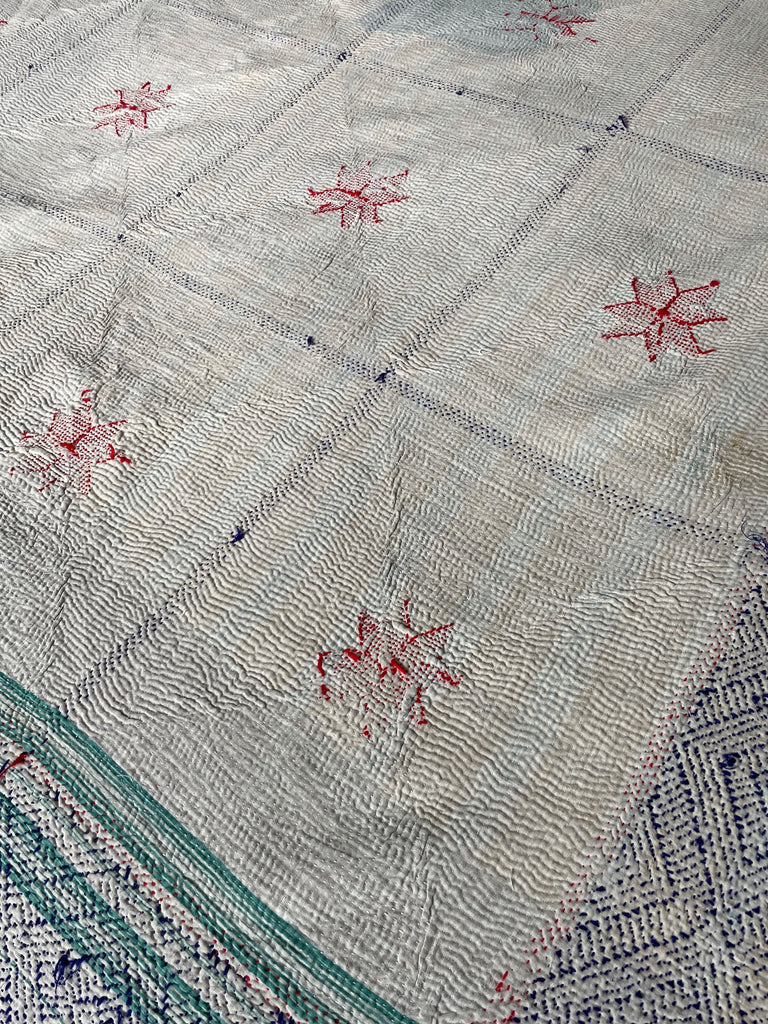 blue and white with red stars embroidered kantha quilt bedspread or sofa throw washable cotton