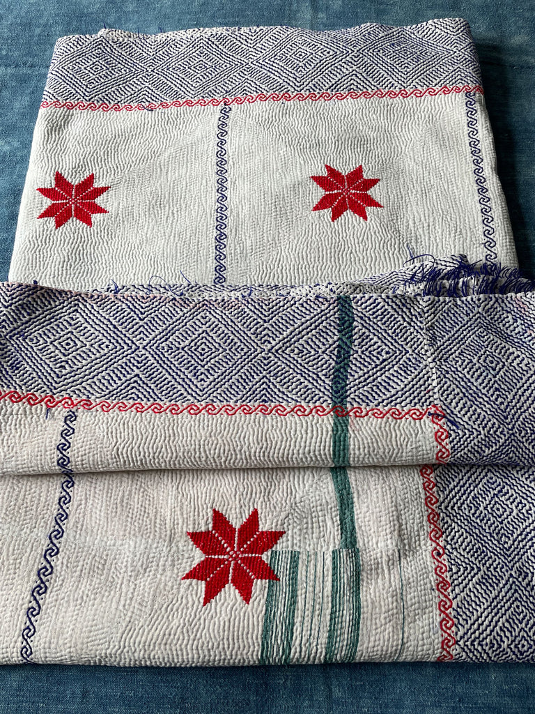 blue and white with red stars embroidered kantha quilt bedspread or sofa throw washable cotton