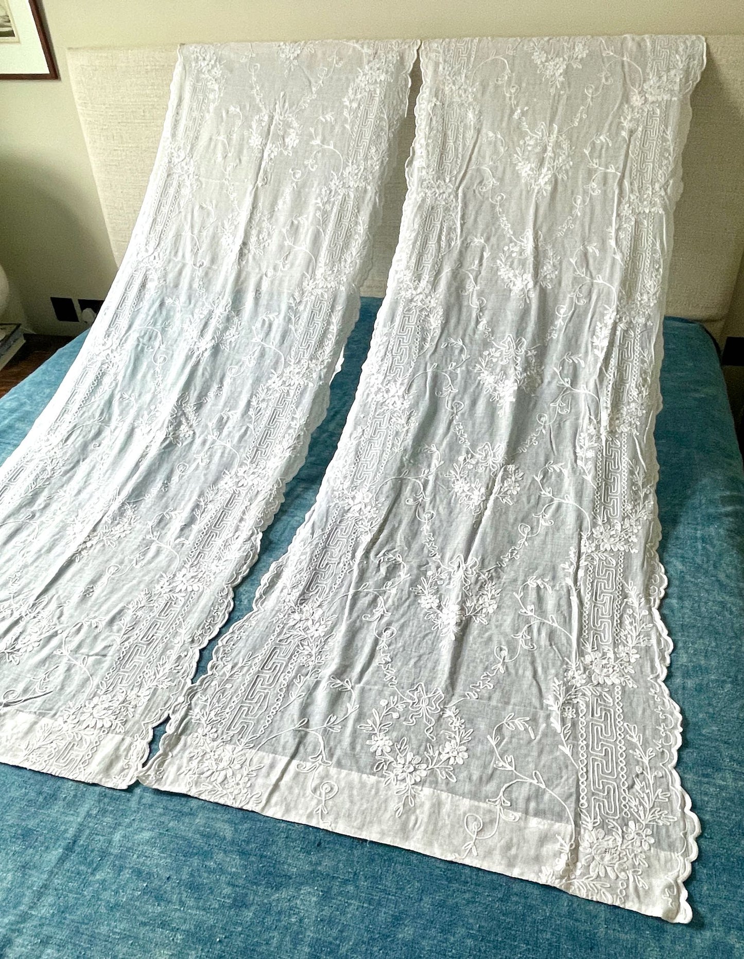 antique french curtains pair broderie cornelys embroidered white long sheer cotton chateau