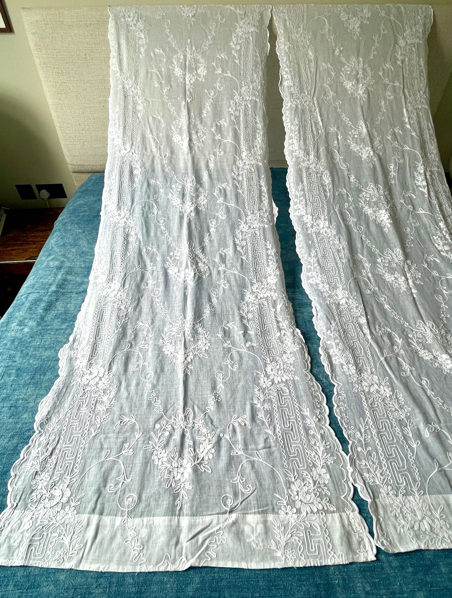 antique french curtains pair broderie cornelys embroidered white long sheer cotton chateau
