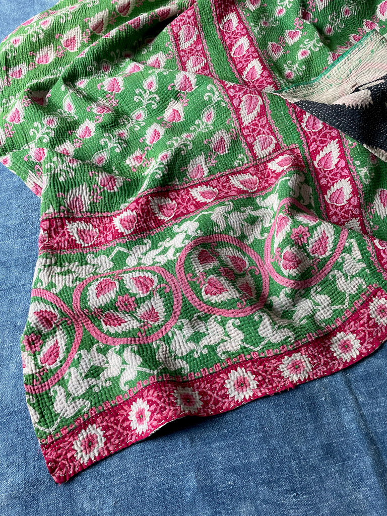 bright pink and green floral patterned vintage kantha quilt sofa throw cotton bedspread washable