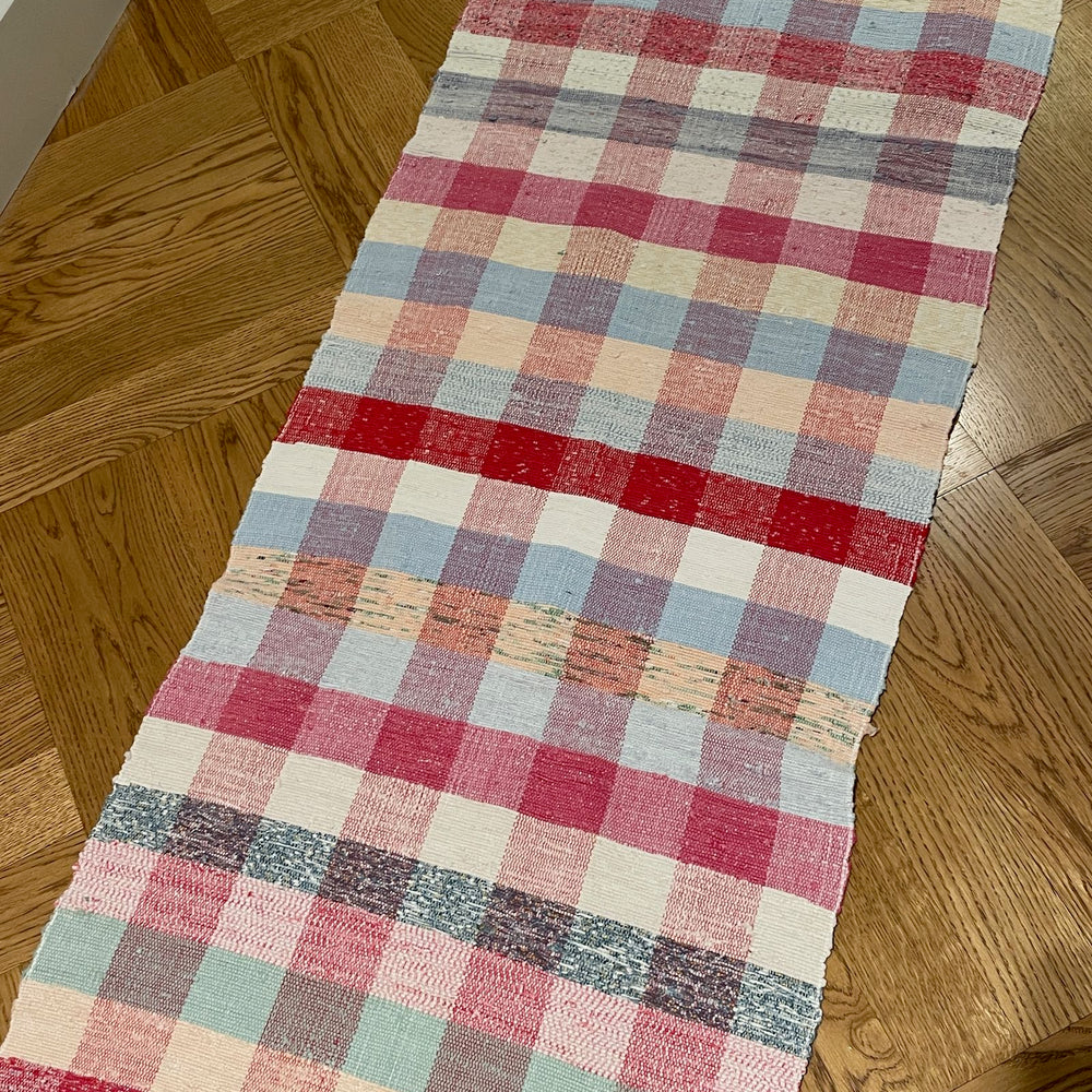 long rag rug floor runner check stripe red pink blue machine washable vintage mat hall carpet