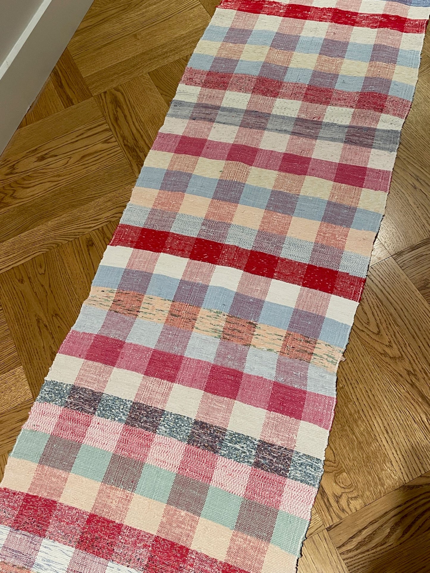 long rag rug floor runner check stripe red pink blue machine washable vintage mat hall carpet