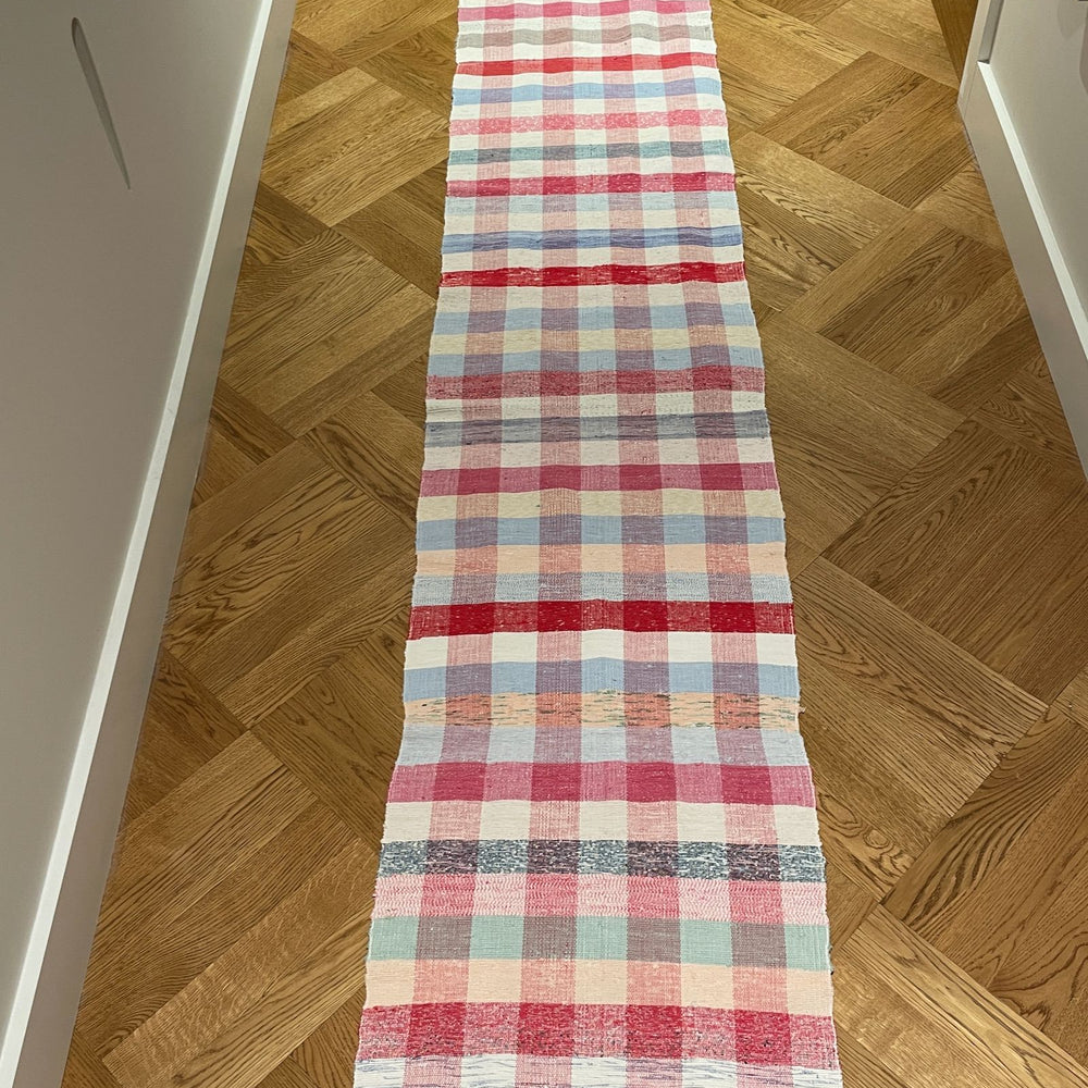long rag rug floor runner check stripe red pink blue machine washable vintage mat hall carpet