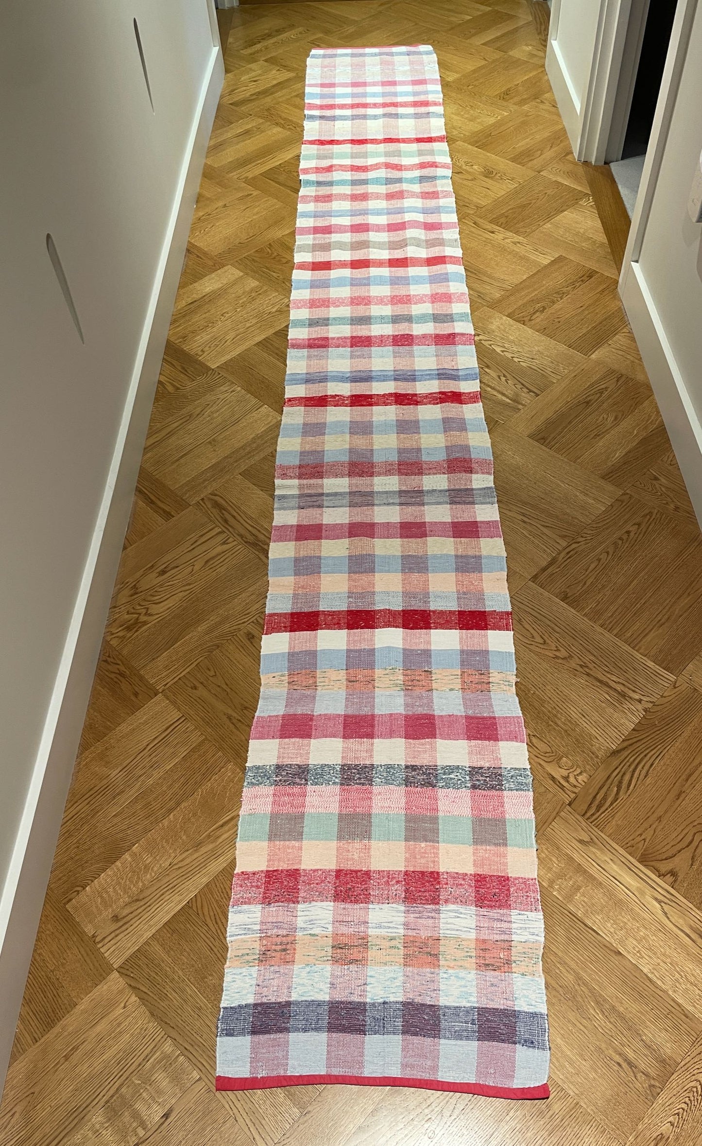 long rag rug floor runner check stripe red pink blue machine washable vintage mat hall carpet