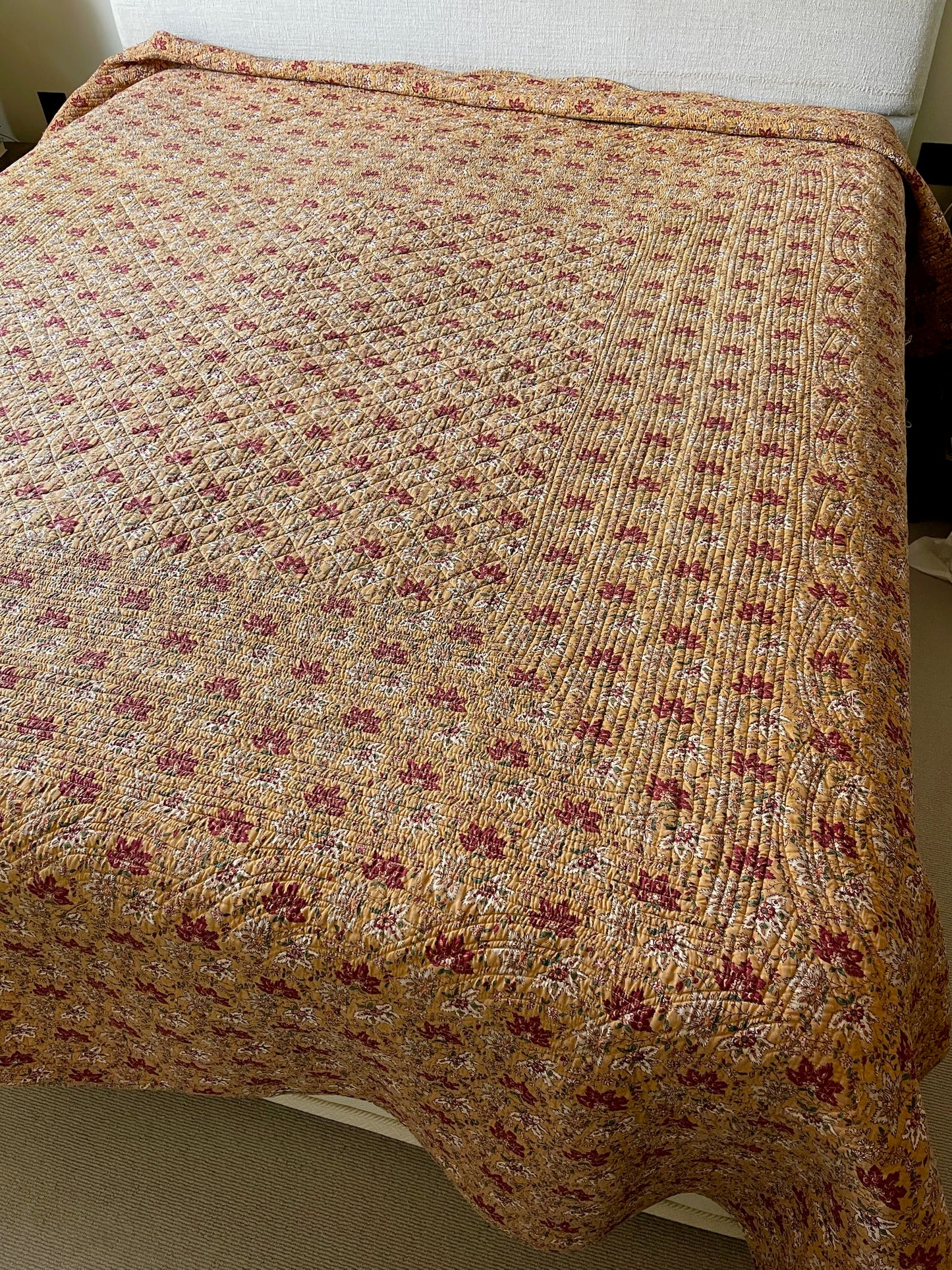vintage french quilt large super king comforter bedcover provencal pretty red yellow bedspread
